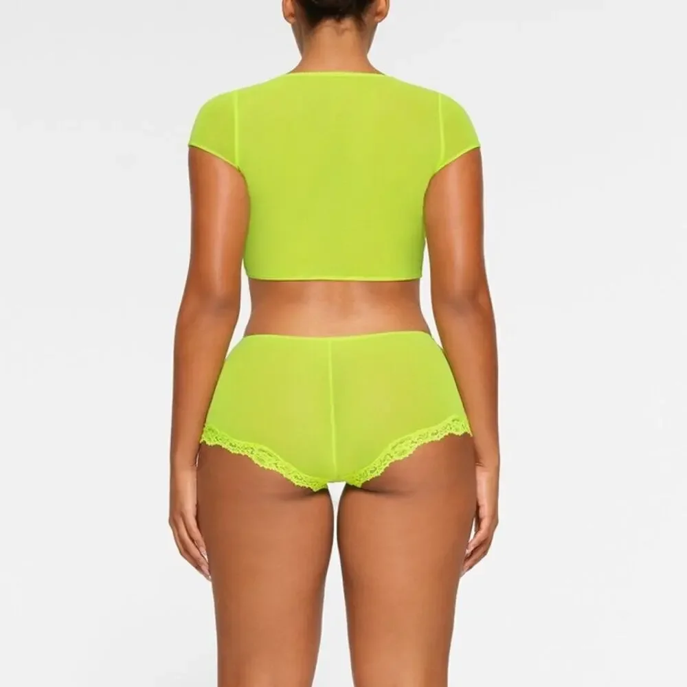 SKIMS Summer Mesh Cropped Top Tie Front Swim Cover Up in Highlighter 4X NEW